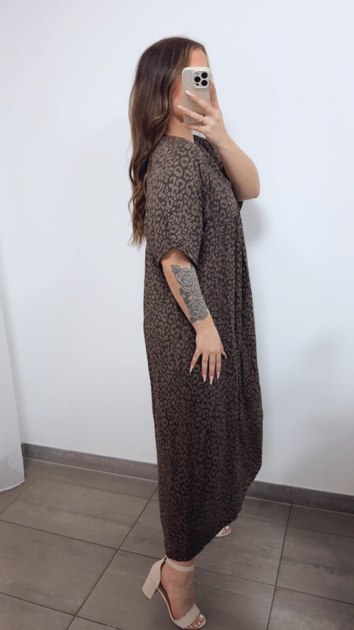 LEO langes Musselin Kleid, kurze Ärmel / dunkel braun - taupe Art. 14688