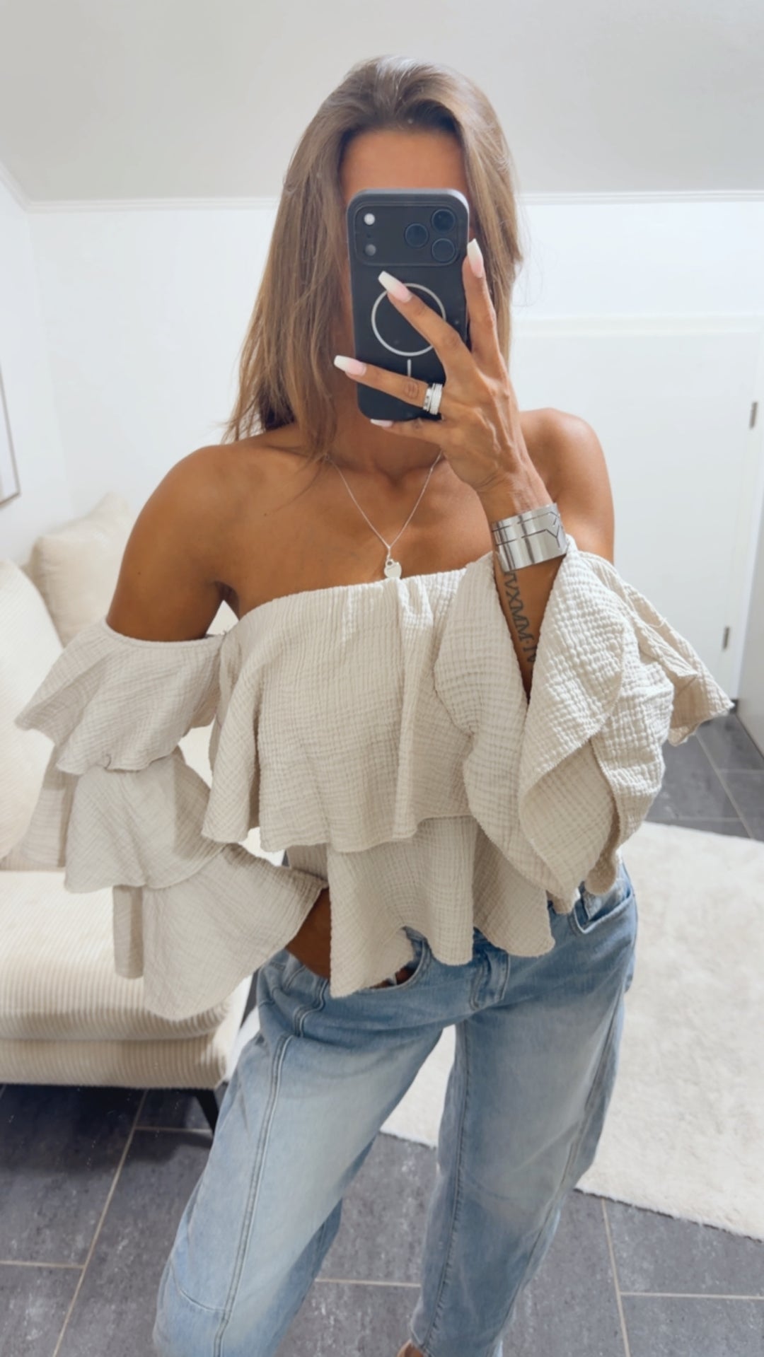Musselin Off-Shoulder Oberteil, Volant / beige Art. 15661