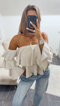 Musselin Off-Shoulder Oberteil, Volant / beige Art. 15661