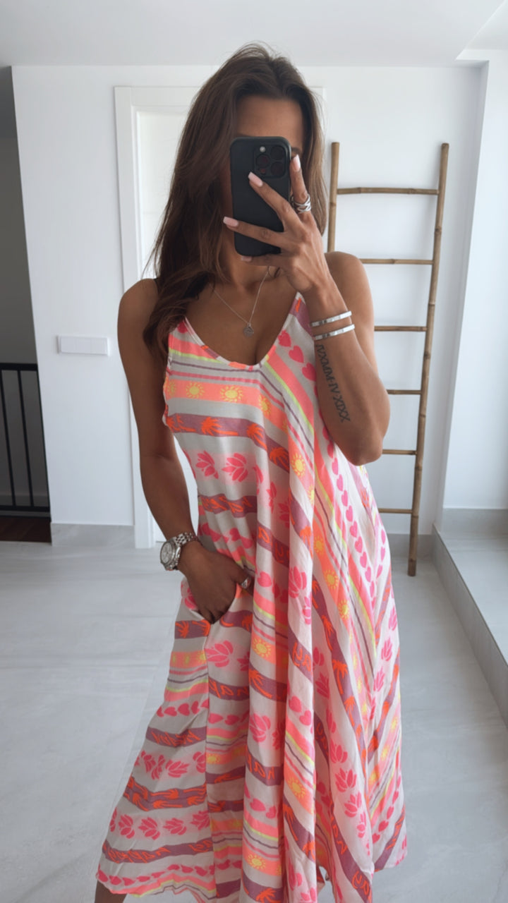 (Maxi-) PREMIUM Summer Vibe Kleid / Hängerchen " Happy Day " / creme - pink - neon gelb Art. 9574