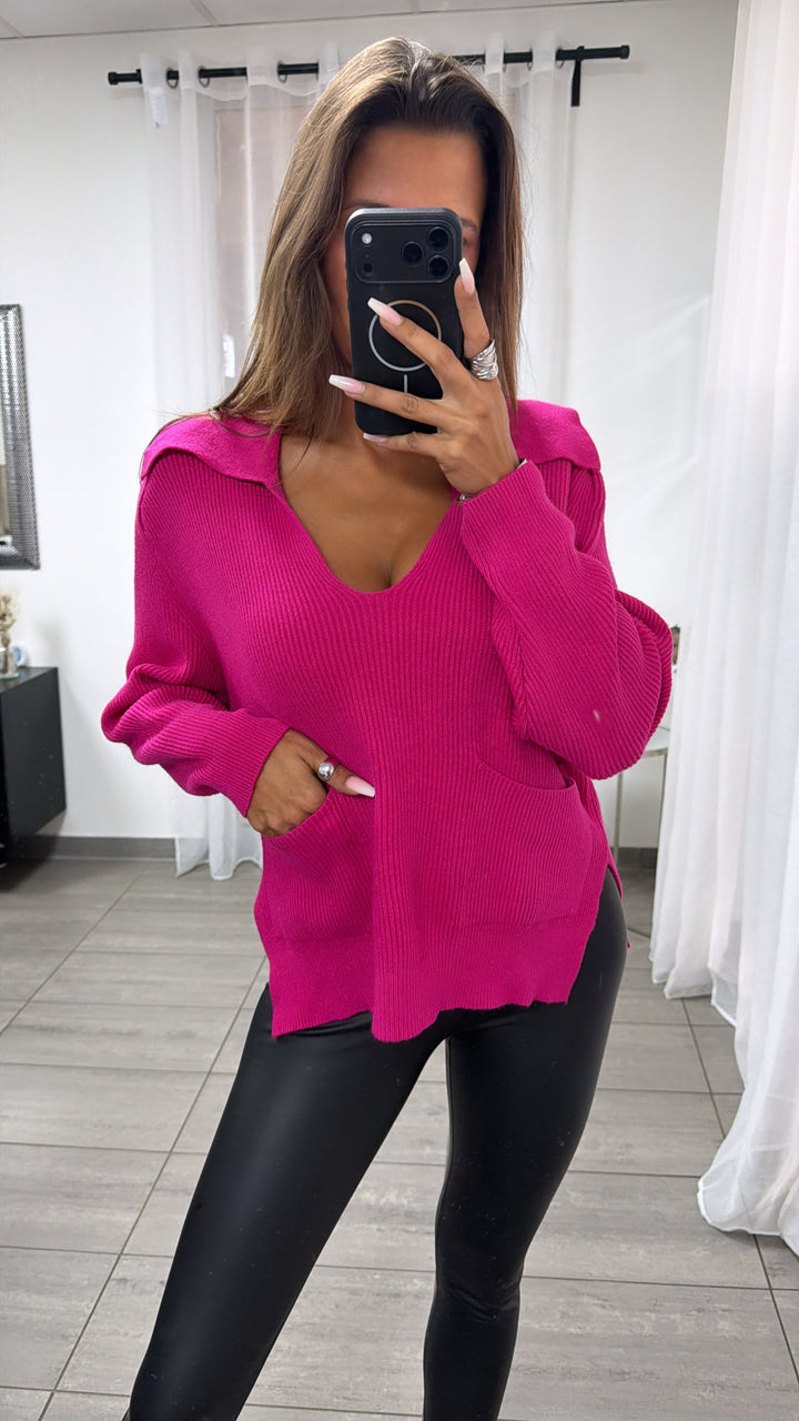 Strick Pullover mit tiefem Ausschnitt und Kragen / pink Art.16379