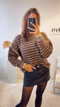 kurzer Kuschel Pullover, gestreift / braun meliert - Schoko braun Art. 12757 KHX