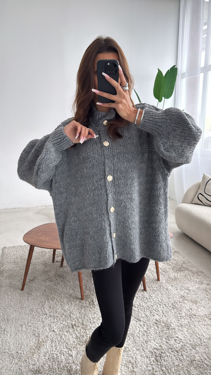 Kuschel Cardigan mit goldenen Knöpfen / dunkel grau Art. 7669