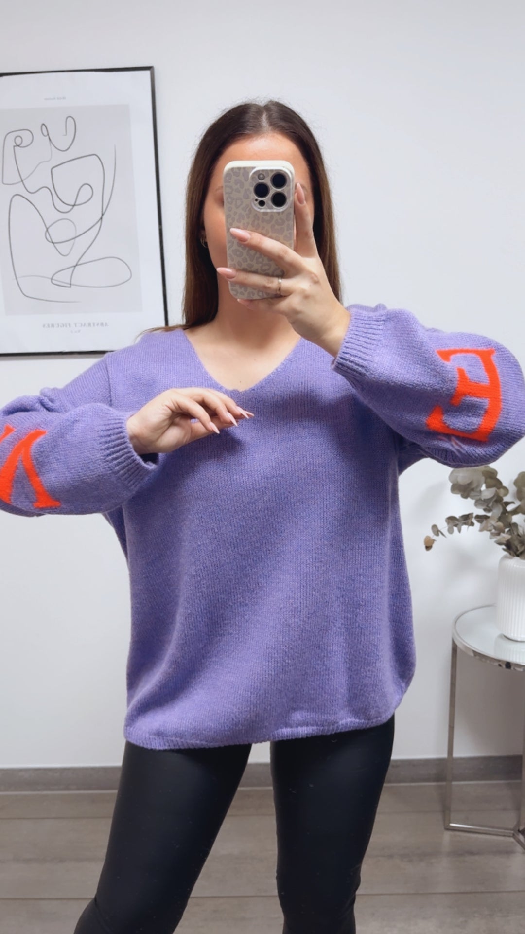 Strick Pullover "Namaste" / Flieder - Neon orange Art. 13336