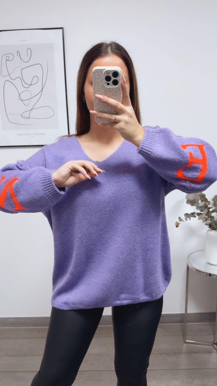 Strick Pullover "Namaste" / Flieder - Neon orange Art. 13336