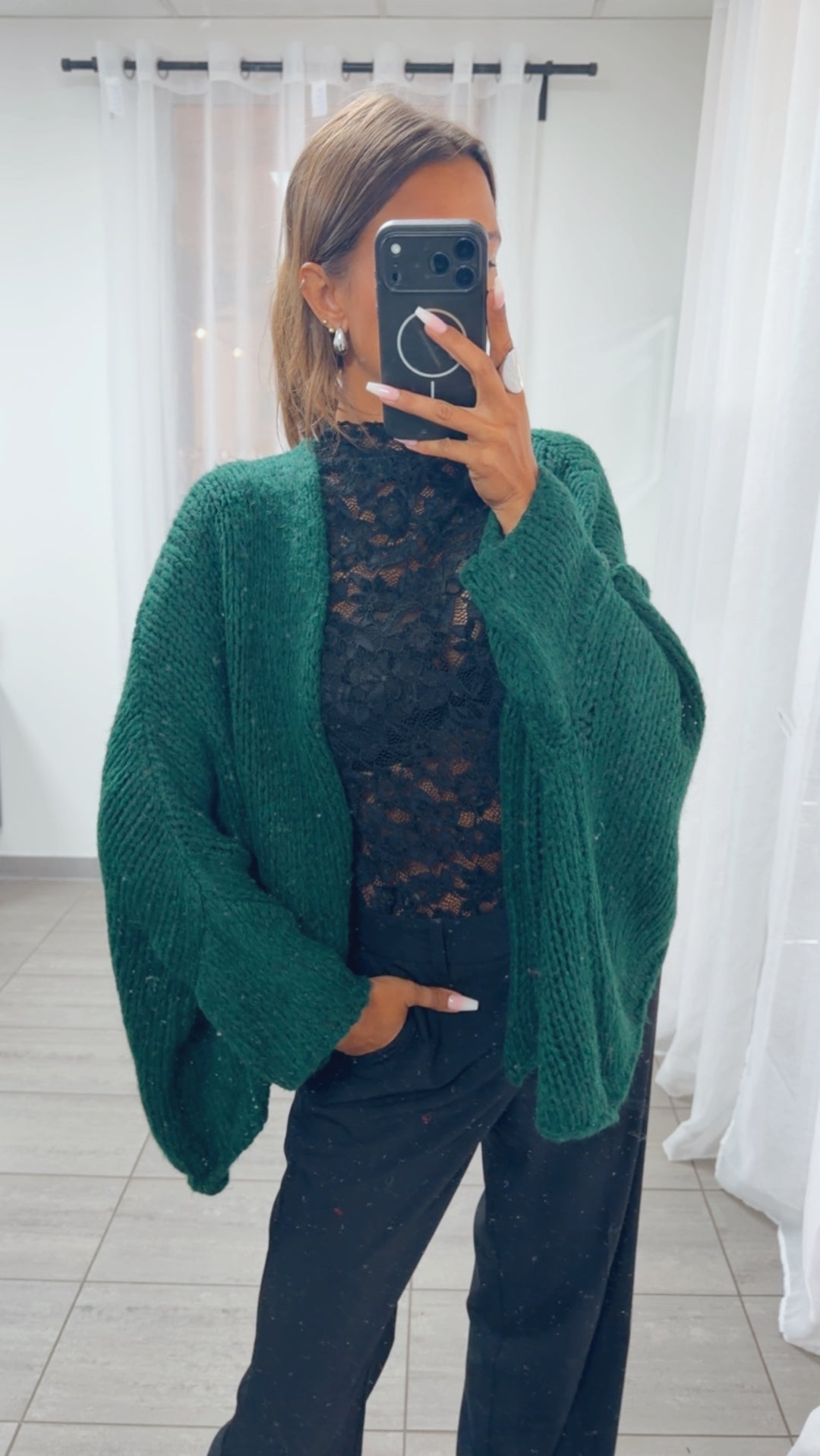 Oversize Strick Cardigan mit 3/4 -  Fledermausärmeln, offen / dunkel grün Art. 16216