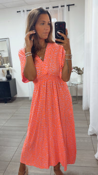 LEO Musselin Midi Sommerkleid, geraffte Taille / rosa - orange Art. 15449