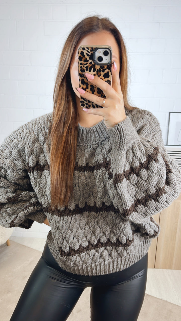 Pullover in ausgefallener Strickart / taupe - dunkel braun Art. 12808