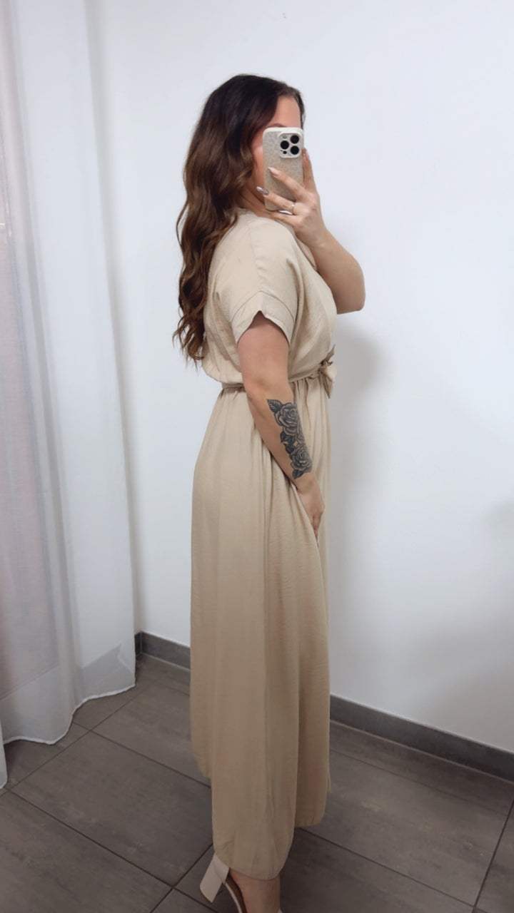 langes Kleid mit kurze Armen, elastische Taille und zum schnüren / beige Art. 14307