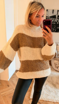 STREIFEN Bouclé Long Pullover, Stehkragen / creme - camel Art. 16623