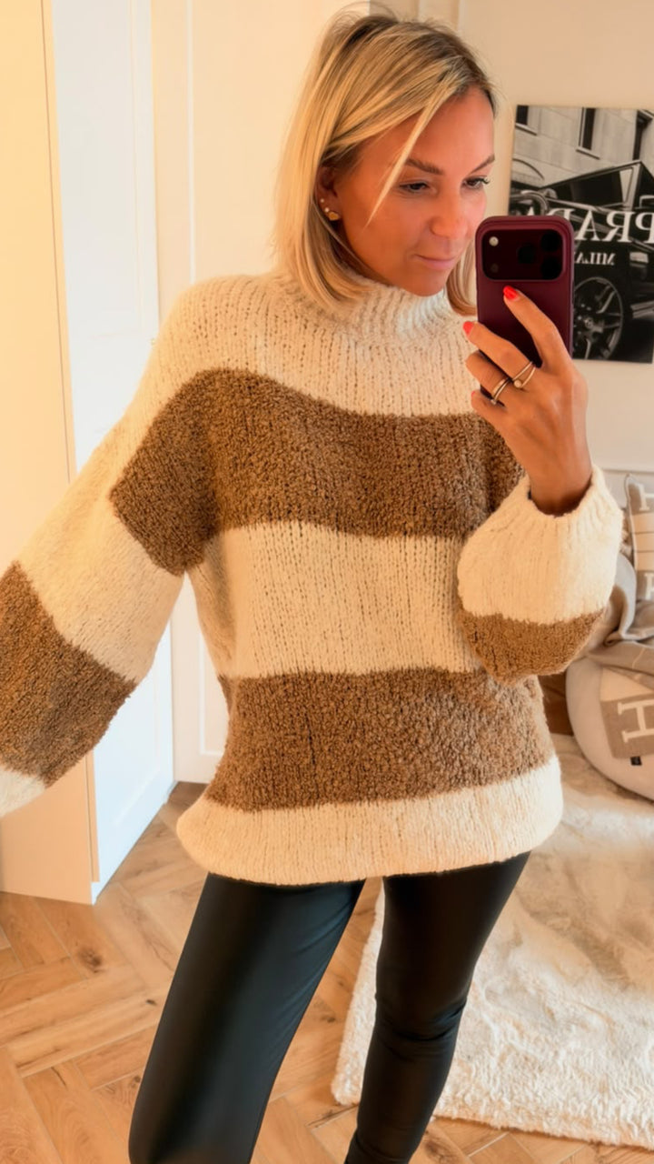 STREIFEN Bouclé Long Pullover, Stehkragen / creme - camel Art. 16623