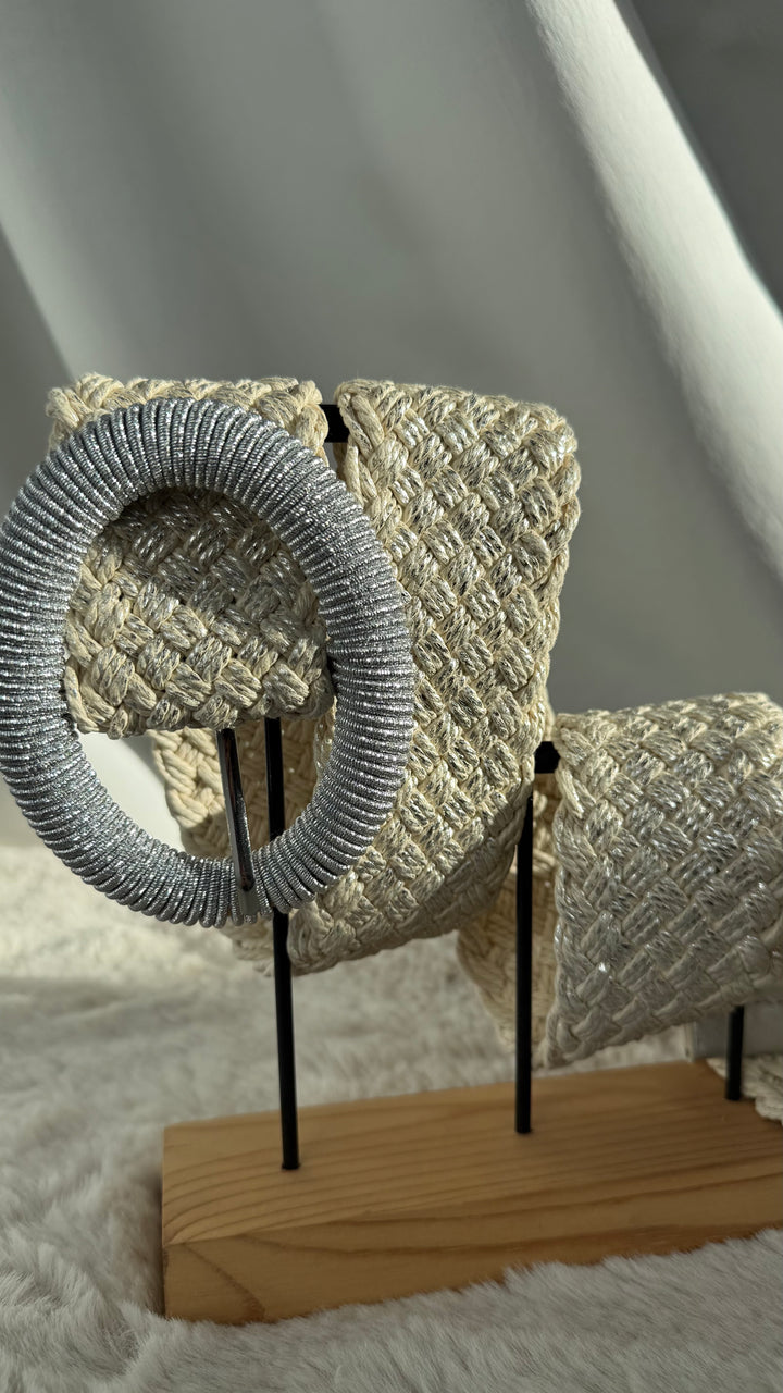 Breiter Flechtgürtel mit Glanzschnalle / beige - metallic Art.16273