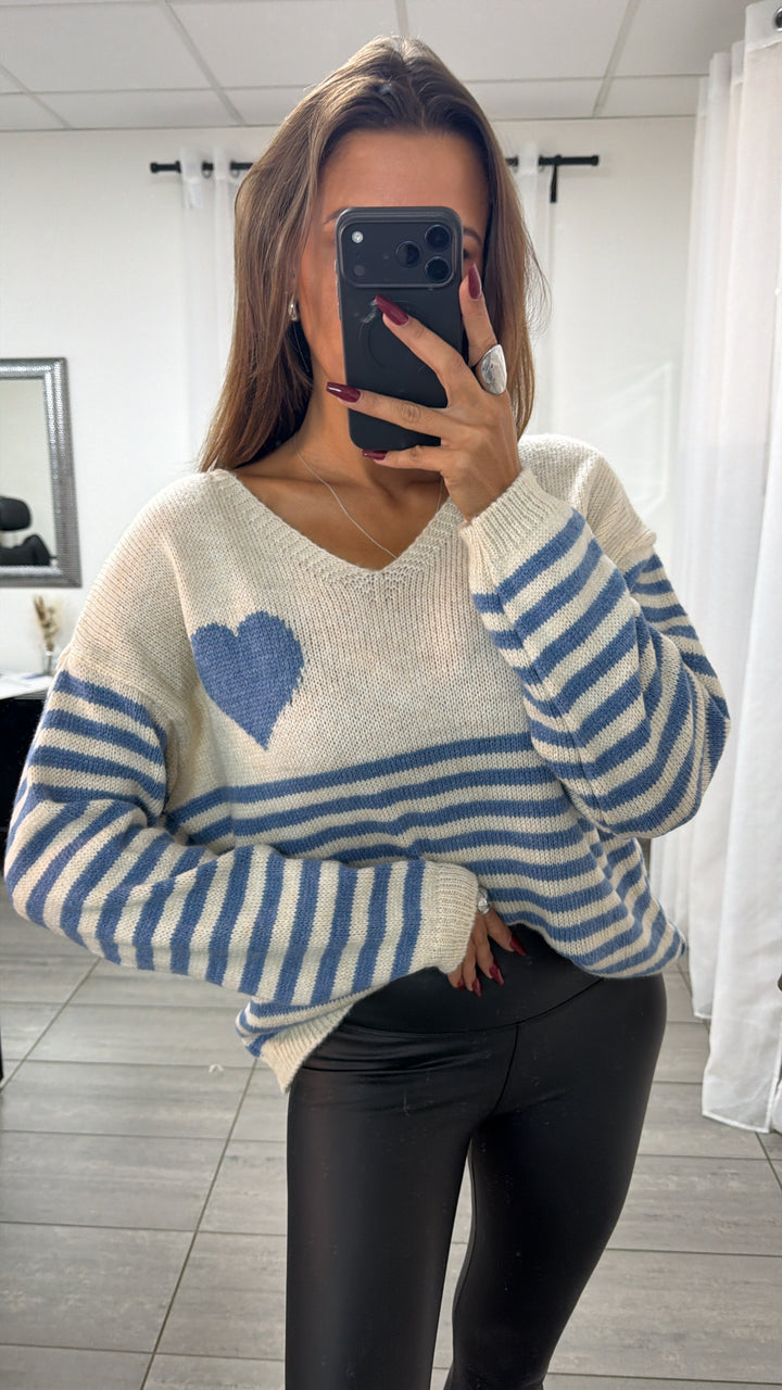 STREIFEN + HERZ Strick Pullover, V-Ausschnitt / creme - blau Art. 16586