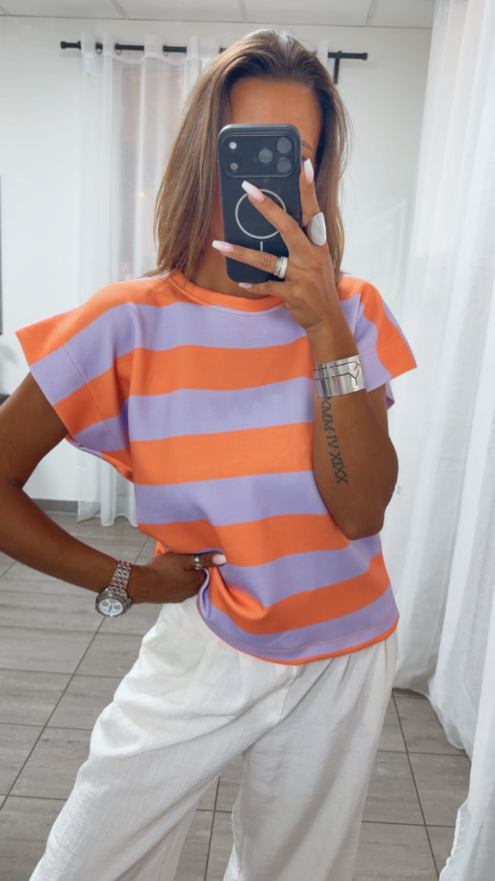 STREIFEN dünnes Butterstoff Shirt / intensives flieder - orange Art. 15820