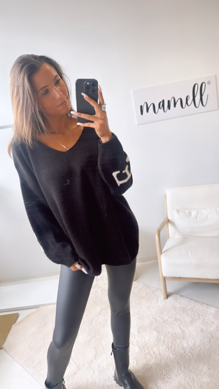 Strick Pullover "Namaste" / schwarz - beige Art. 122325