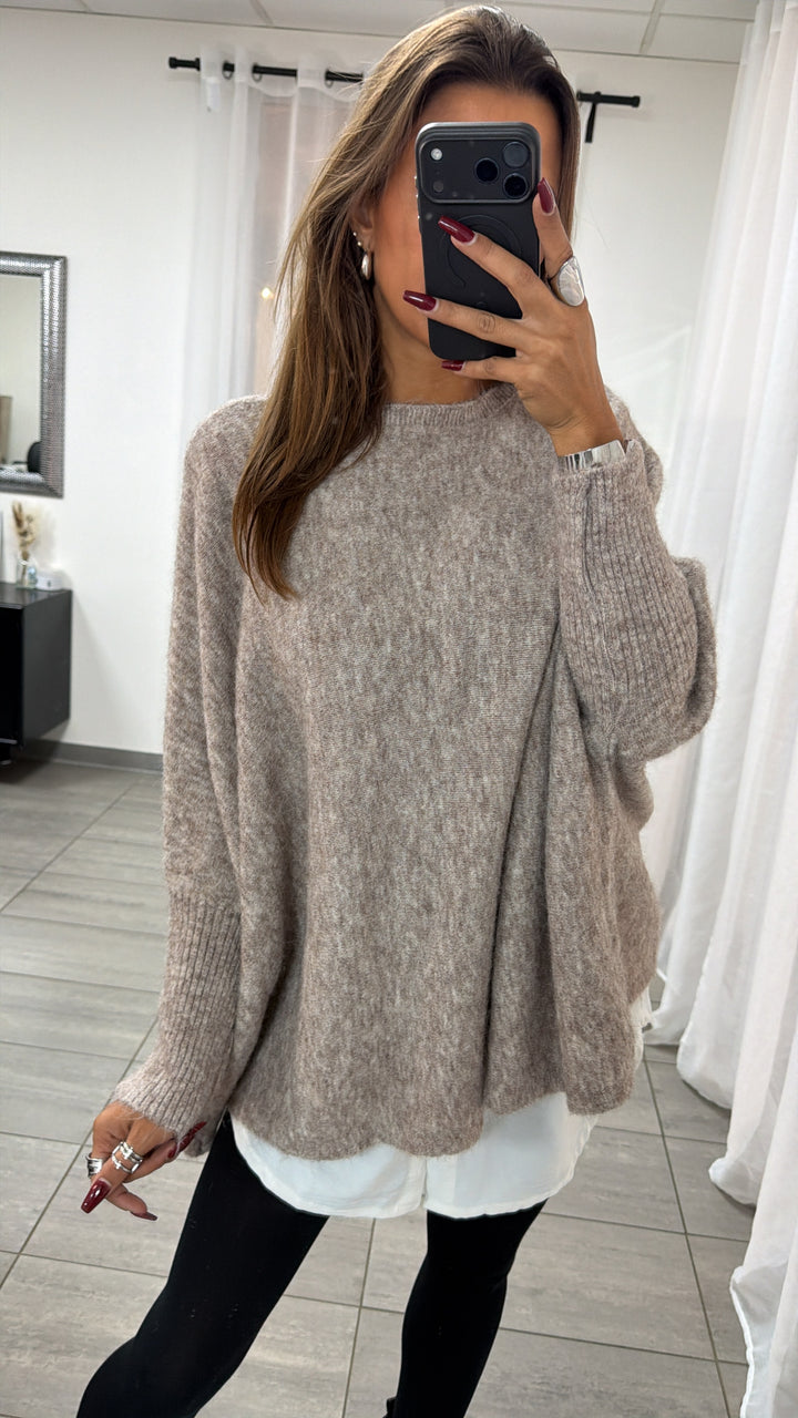 Cozy Oversize Pullover mit Fledermausärmeln / taupe - weiss meliert Art. 16507