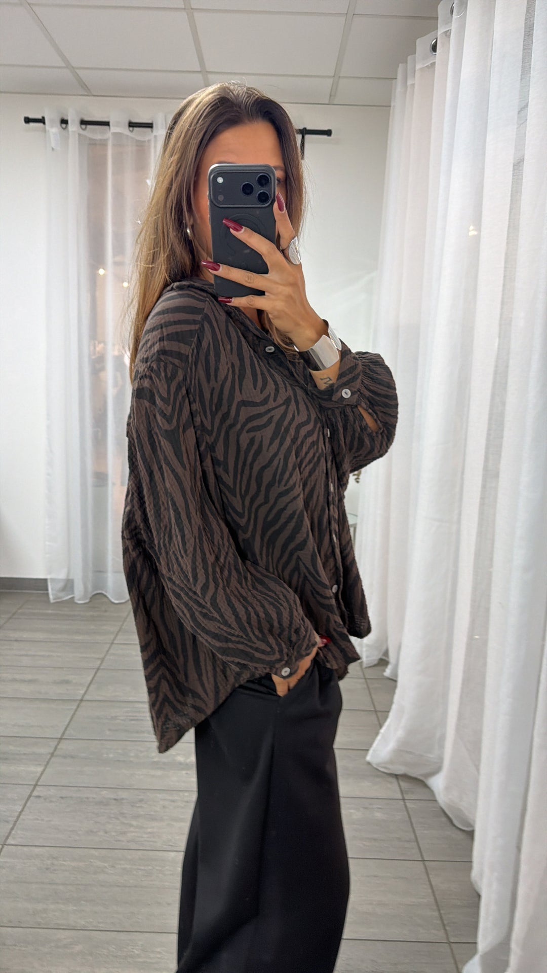 ZEBRA KURZE Oversize Musselin Bluse / braun - schwarz Art. 16461