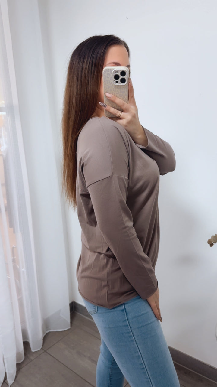 Baumwoll Basic Langarm Oberteil / taupe Art. 14240
