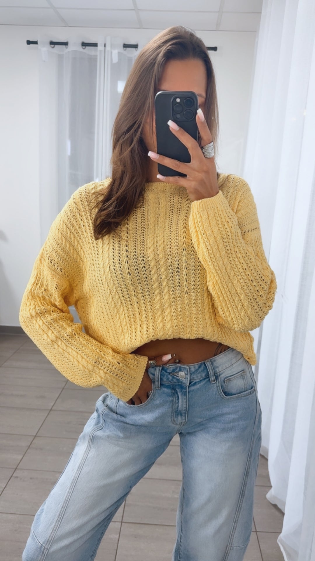 leichter Strick Pullover mit Zopfmuster / gelb Art. 14900