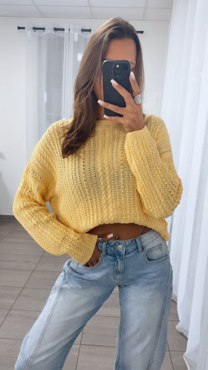 leichter Strick Pullover mit Zopfmuster / gelb Art. 14900