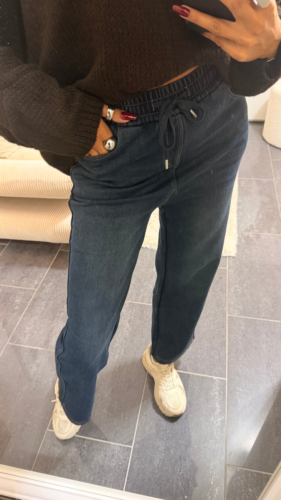 Wide Leg Stoff Hose im denim Look " JH-860 ", Fleece gefüttert / dunkles denim Art. 16590
