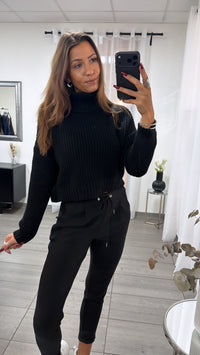 Crop grober Strick Pullover, Rollkragen / schwarz 16769