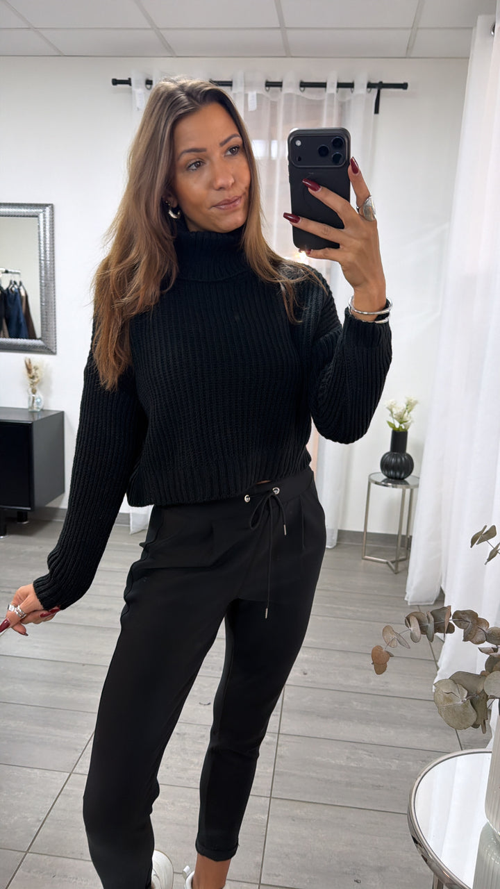 Crop grober Strick Pullover, Rollkragen / schwarz 16769
