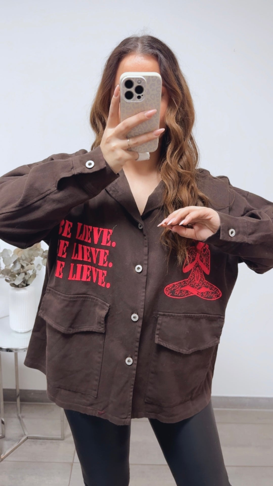 Jeans Hemd Jacke " Be Lieve " / schoko braun - pink Art. 13582