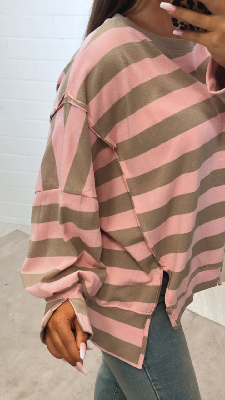 STREIFEN Sweater, Ziernähte / light taupe - rosa Art. 11153