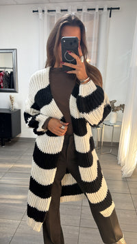 langer Grobstrick Cardigan mit Streifen / schwarz - creme Art. 16525