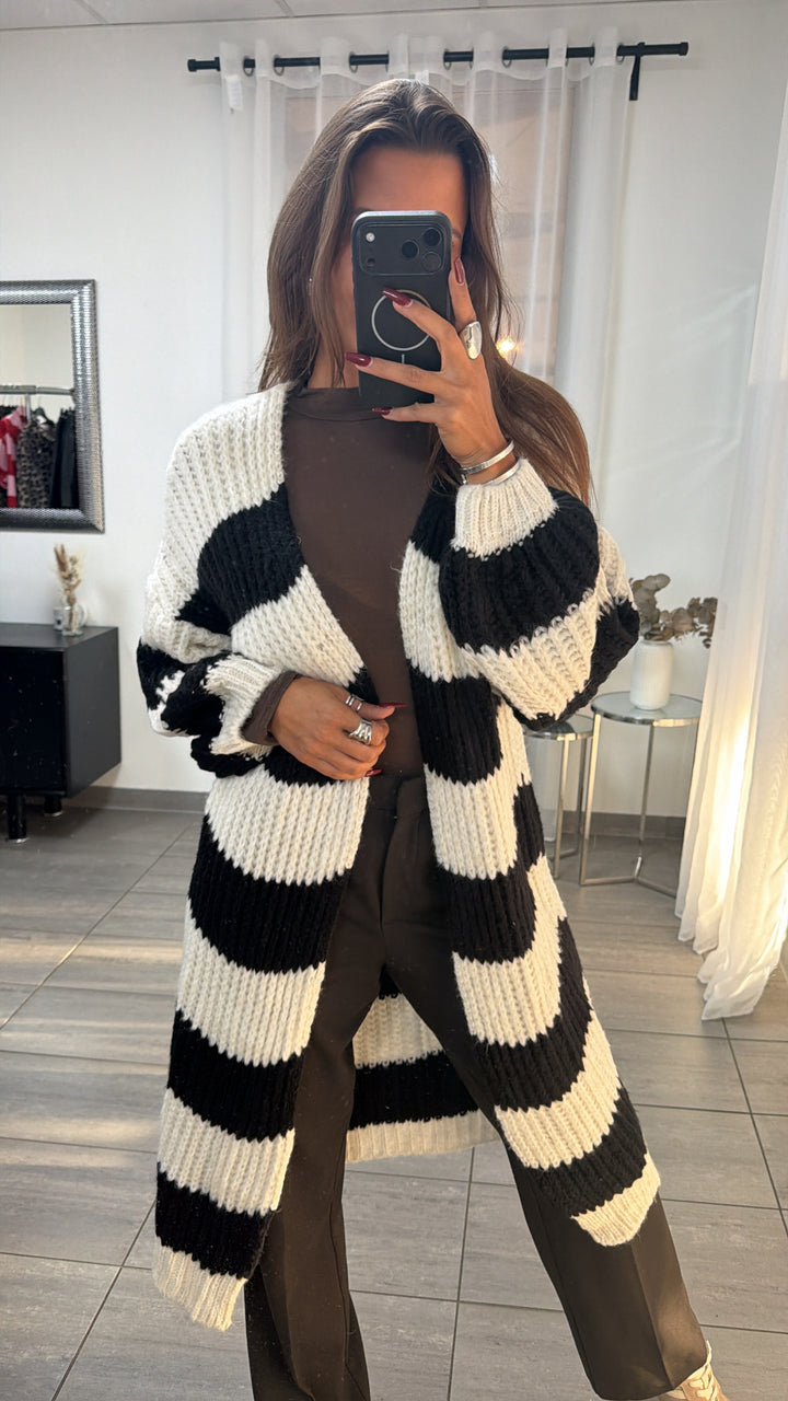 langer Grobstrick Cardigan mit Streifen / schwarz - creme Art. 16525