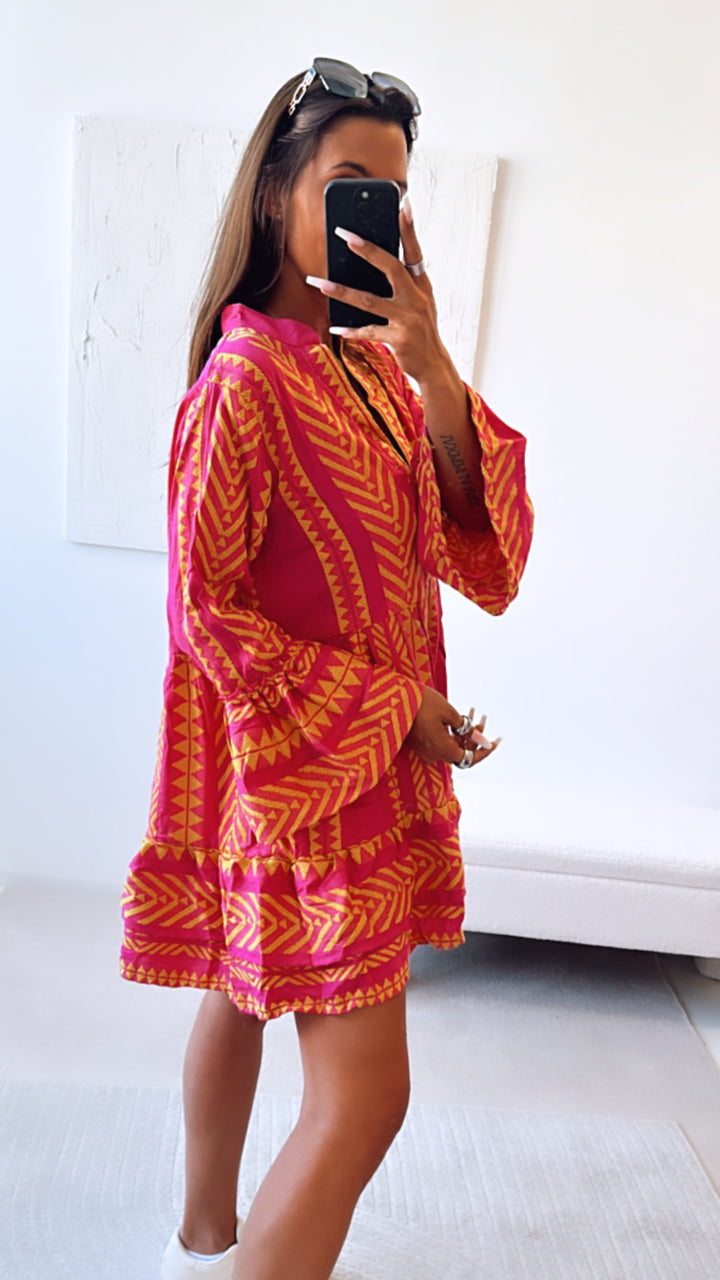 Tunika Kleid mit ausgefallenem Muster, eckige Formen / pink - gelb Art. 6705