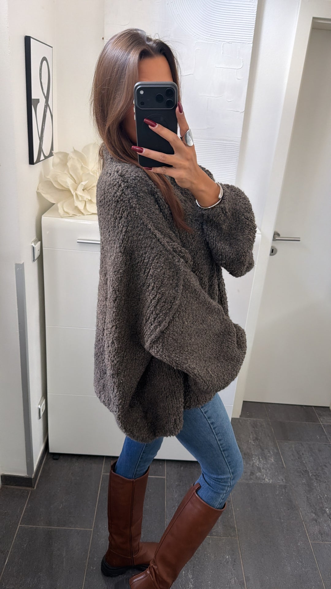 Boucle Oversize Kuschel - Pullover / dunkles taupe meliert Art. 16534