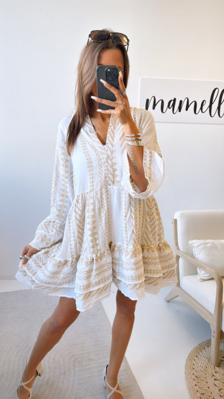 PREMIUM Tunika Kleid mit Muster / weiss - beige Art. 9341