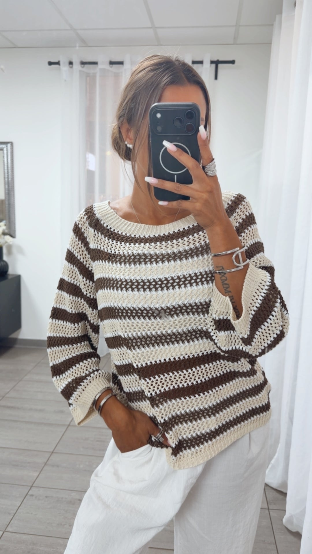 Luftiger, fester Streifen Strick Pullover / braun - beige - weiß Art.15653