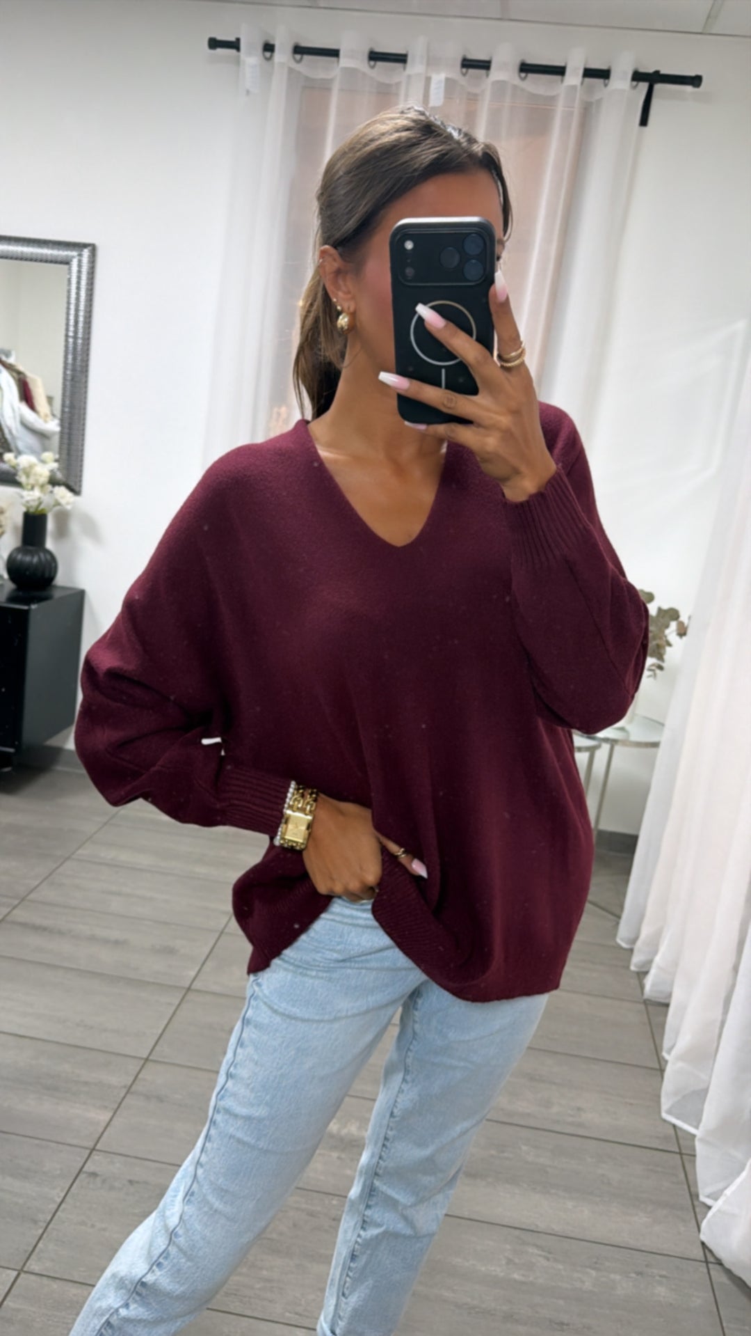 Viskose Mix Pullover mit V-Ausschnitt / burgundy Art. 16241