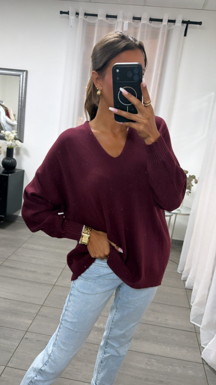 Viskose Mix Pullover mit V-Ausschnitt / burgundy Art. 16241