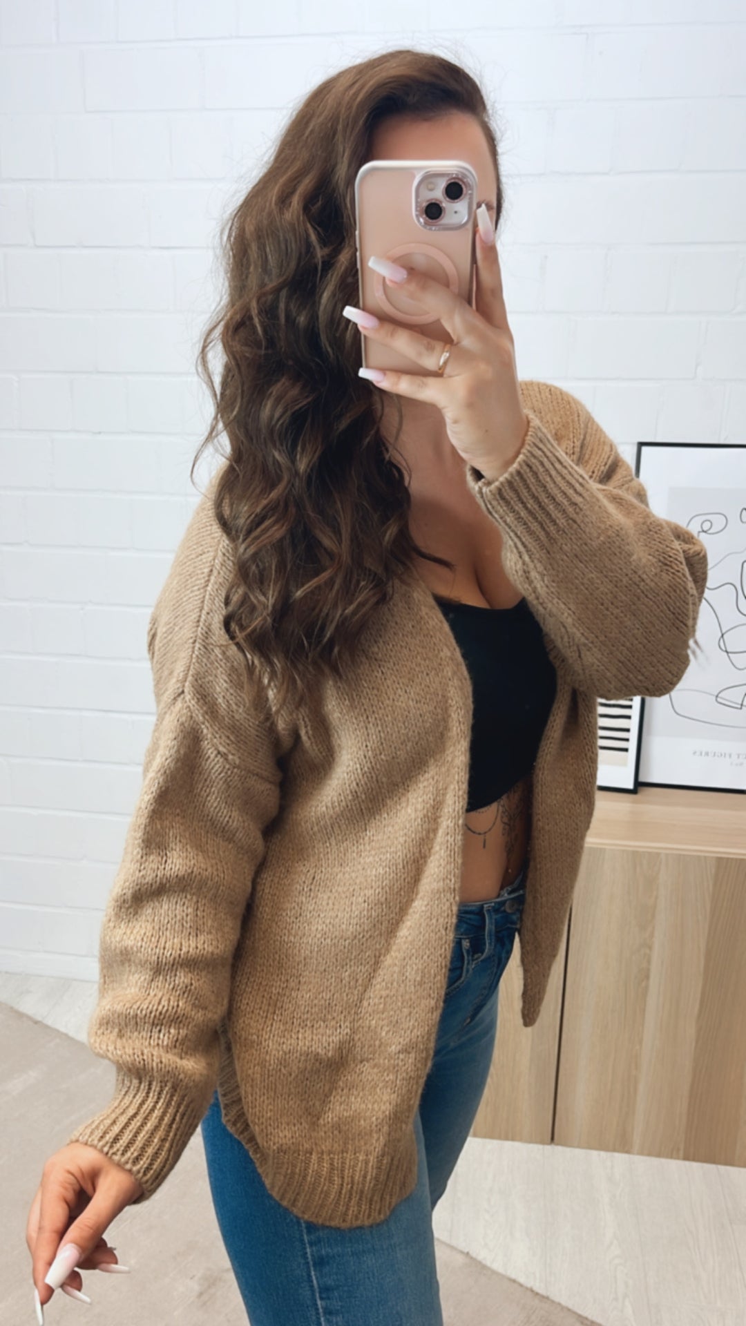 Offener, mittellang geschnittener Strick Cardigan / camel Art. 10678