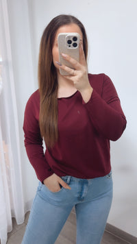 Baumwoll Basic Langarm Oberteil / bordeaux rot Art. 14248