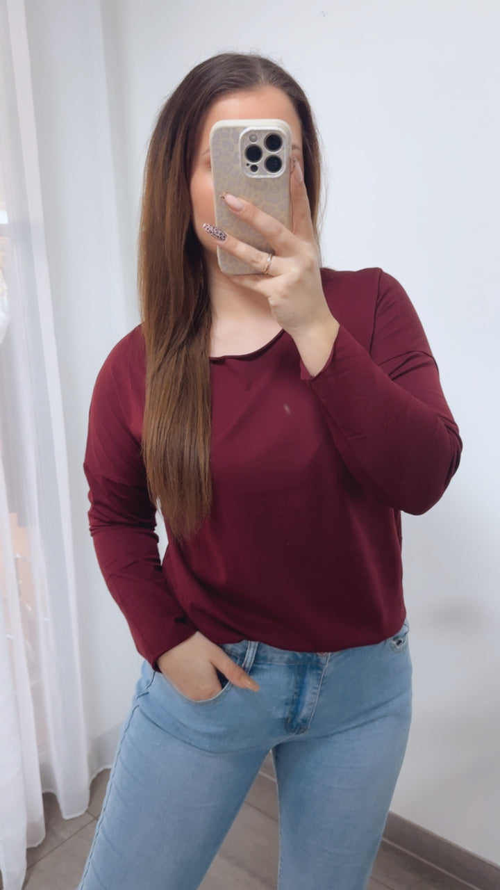 Baumwoll Basic Langarm Oberteil / bordeaux rot Art. 14248