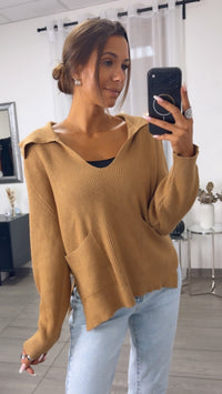 Strick Pullover mit tiefem Ausschnitt und Kragen / caramel Art.16376