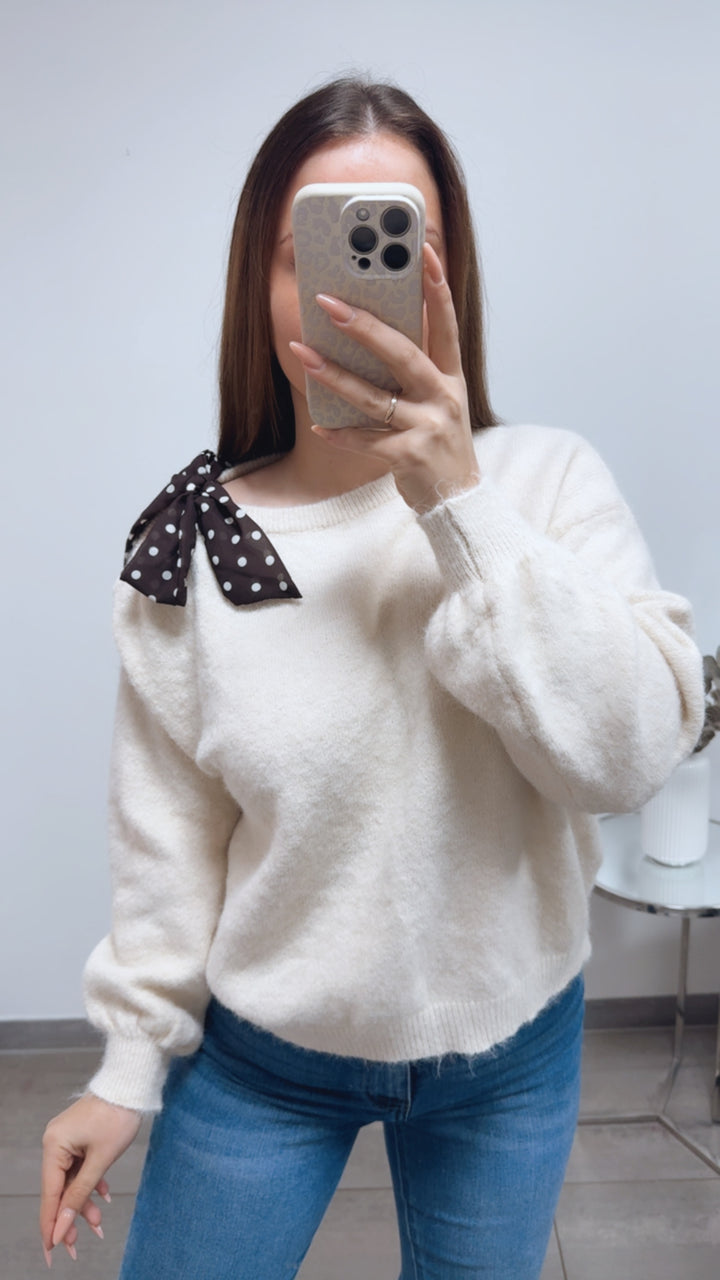 ONE SHOULDER Pullover, Punkte Schleife / wollweiss creme Art. 13816