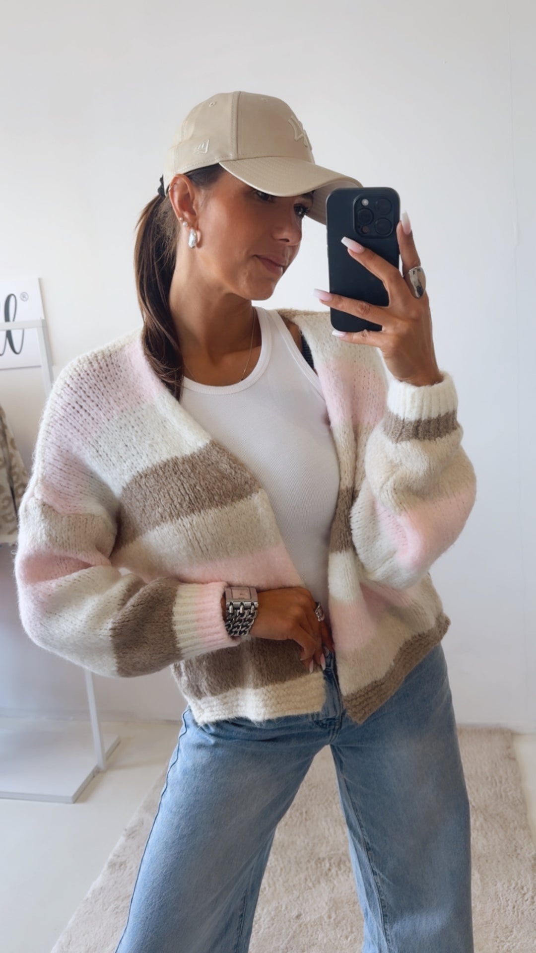 Offener Pastell Streifen Cardigan / woll weiß - rosa - beige - taupe Art. 14524