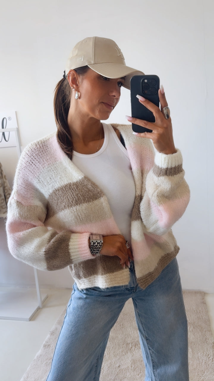 Offener Pastell Streifen Cardigan / woll weiß - rosa - beige - taupe Art. 14524