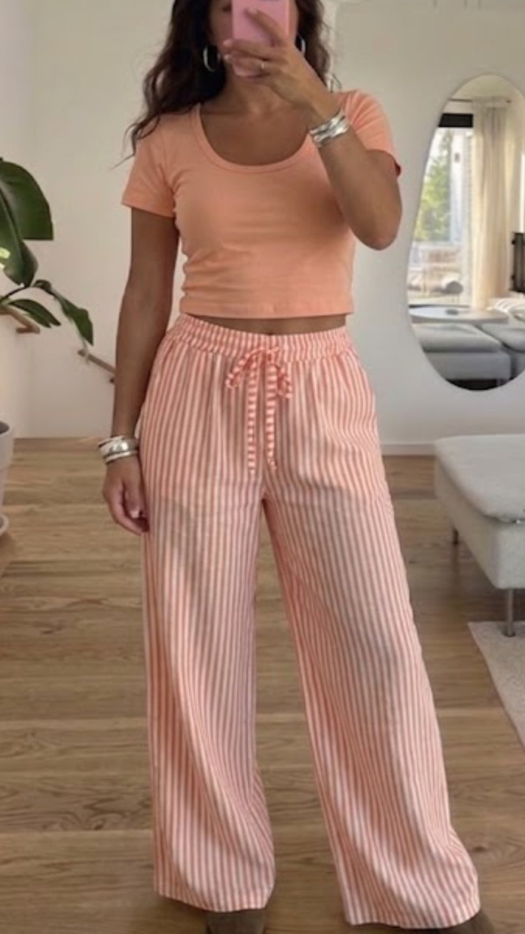 STREIFEN Lyocell lockere Hose / apricot - weiss Art. 15574