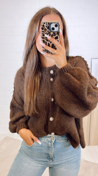KURZER Strick Cardigan mit goldenen Knöpfe / dunkel braun Art. 11046