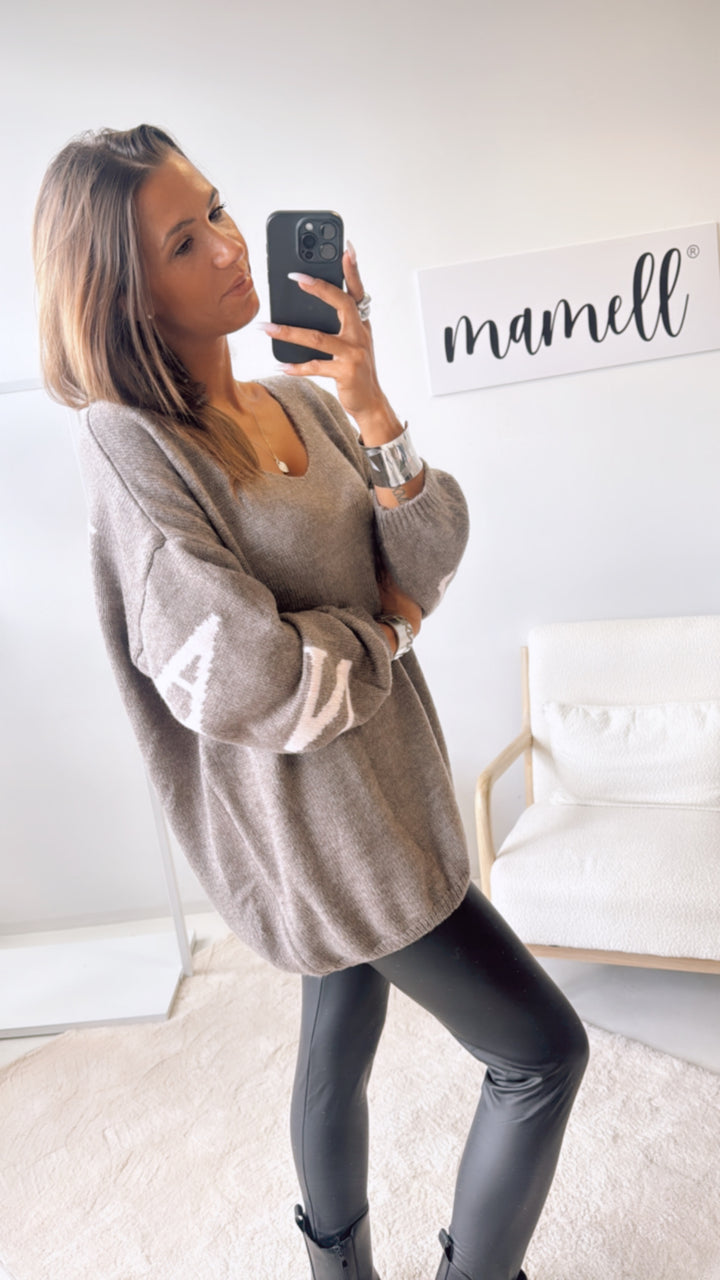 Strick Pullover "Namaste" / braun meliert - rosa Art. 122327