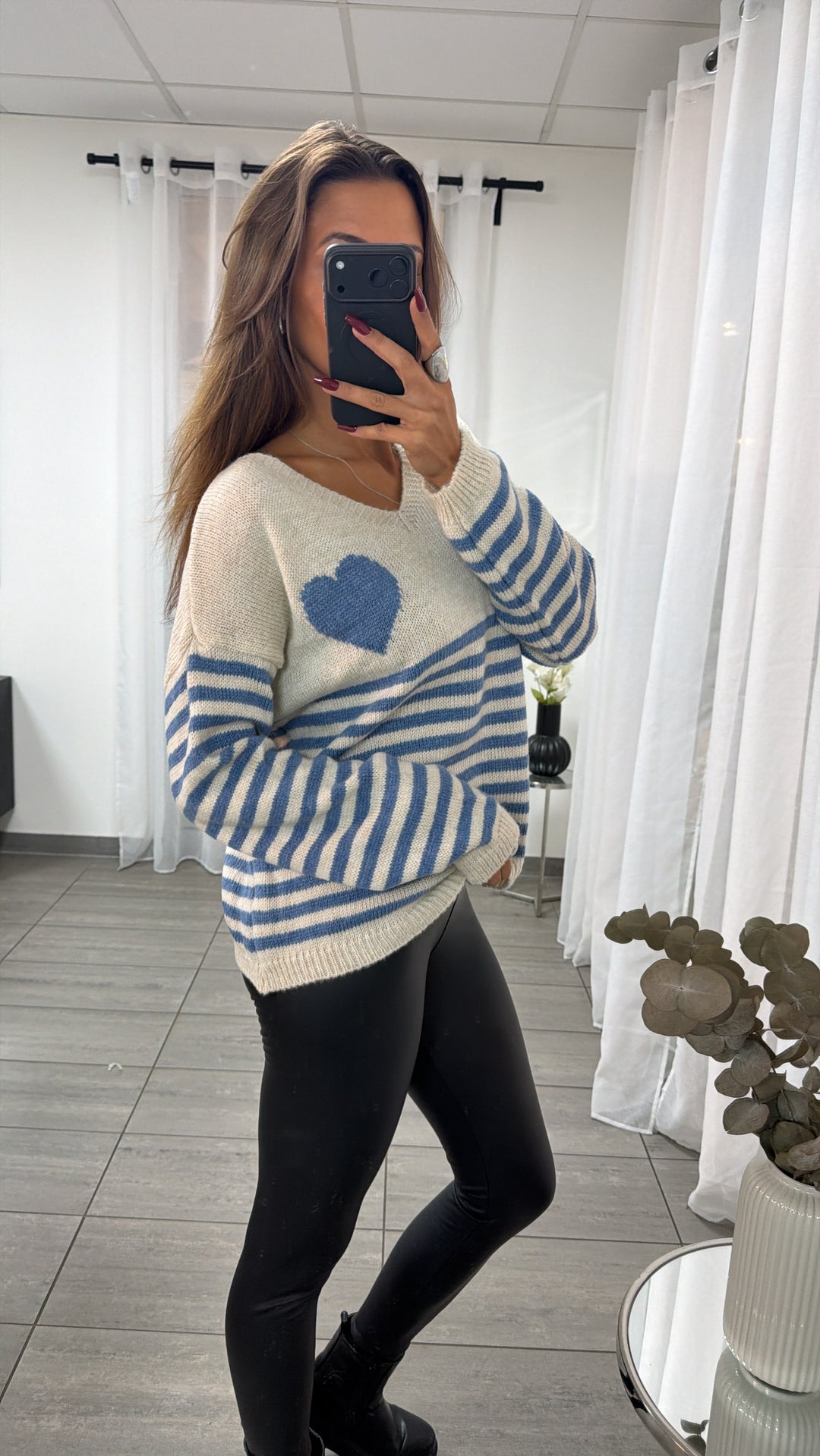 STREIFEN + HERZ Strick Pullover, V-Ausschnitt / creme - blau Art. 16586