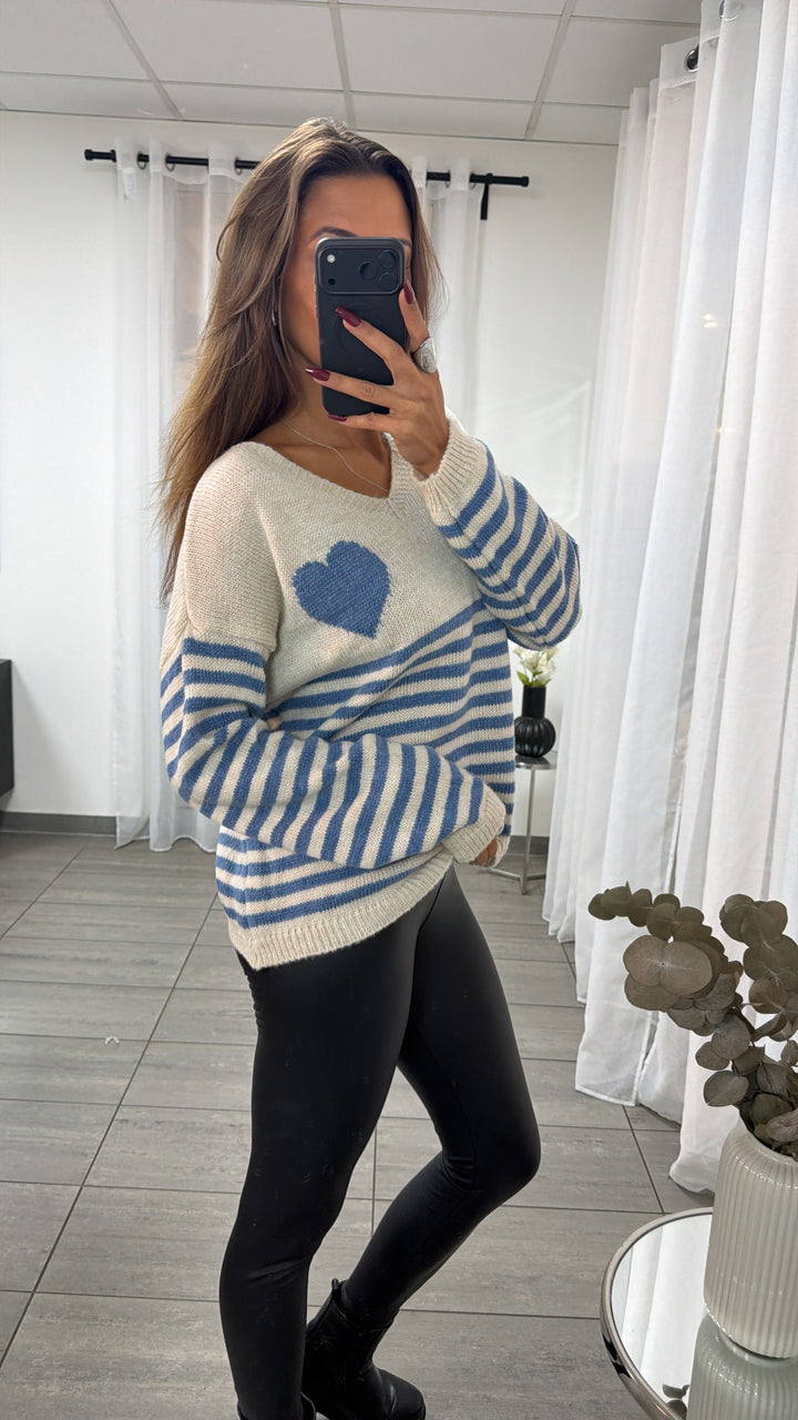 STREIFEN + HERZ Strick Pullover, V-Ausschnitt / creme - blau Art. 16586