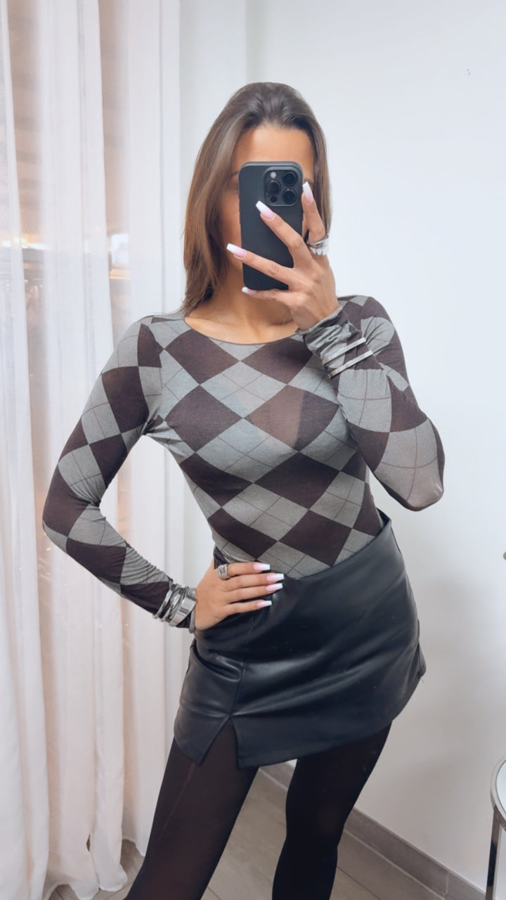 ARGYLE Transparentes Trend Oberteil / grau - dunkel braun - bordeaux rot Art. 13904